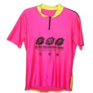 Vintage Mens Sz XL Cycling Jersey 1989 NYC Biathlon Series Big Apple Pink Yellow